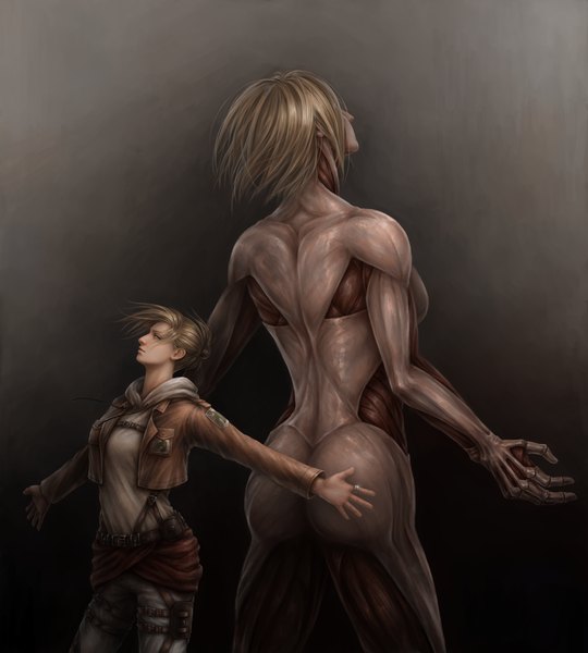 Anime picture 1621x1800 with shingeki no kyojin production i.g annie leonhart titan (shingeki no kyojin) female titan jxbp tall image looking at viewer short hair blue eyes light erotic blonde hair simple background wind realistic open clothes open jacket spread arms back to back girl