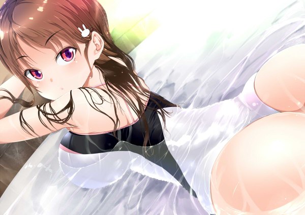 Anime picture 1200x848 with original amasora taichi single long hair looking at viewer fringe breasts light erotic brown hair large breasts ass lying partially submerged back wet clothes on stomach girl hair ornament swimsuit water
