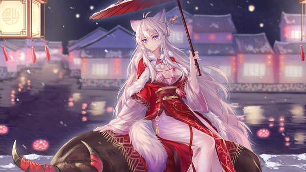 Anime picture 5760x3240 with original kirby d a single looking at viewer fringe highres breasts smile hair between eyes wide image purple eyes holding animal ears payot absurdres silver hair ahoge outdoors tail very long hair
