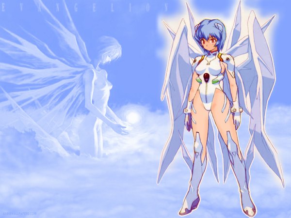 Anime picture 1024x768 with neon genesis evangelion gainax ayanami rei yoshizaki mine light erotic blue background wings