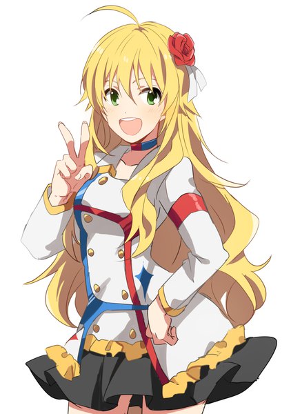 Anime picture 800x1136 with idolmaster idolmaster (classic) idolmaster movie hoshii miki eunram single long hair tall image looking at viewer fringe open mouth simple background blonde hair hair between eyes standing white background green eyes ahoge hand on hip victory