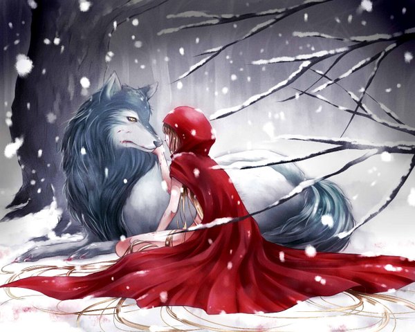 Anime picture 1280x1024 with little red riding hood little red riding hood (character) big bad wolf yukino (artist) fringe blonde hair sitting very long hair back snowing winter face to face bare tree girl plant (plants) animal tree (trees) hood blood cape