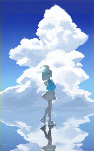 Anime picture 3100x5000 with blue archive arona (blue archive) nasir single tall image highres short hair standing looking away absurdres sky silver hair cloud (clouds) full body profile reflection horizon girl skirt uniform
