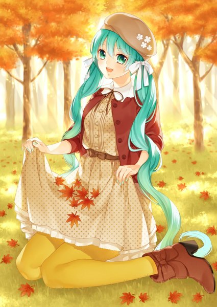 Anime picture 800x1129 with vocaloid hatsune miku mizuki seiya single tall image looking at viewer open mouth twintails full body outdoors very long hair aqua eyes aqua hair low twintails polka dot autumn girl dress plant (plants) pantyhose