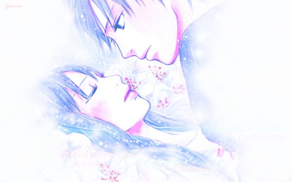 Anime picture 1280x800 with kimi ni todoke production i.g kuronuma sawako kazehaya shouta long hair short hair simple background wide image white background eyes closed black eyes inscription couple almost kiss girl boy