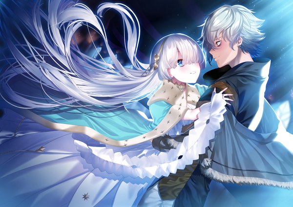 Anime picture 2828x2000 with fate (series) fate/grand order anastasia (fate) kadoc zemlupus hamada pochiwo looking at viewer blush fringe highres short hair blue eyes silver hair very long hair profile hair over one eye girl dress boy mantle