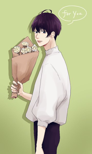 Anime picture 720x1200 with original haru gori single tall image looking at viewer fringe short hair blue eyes black hair simple background hair between eyes shadow text english green background boy flower (flowers) shirt rose (roses) bouquet