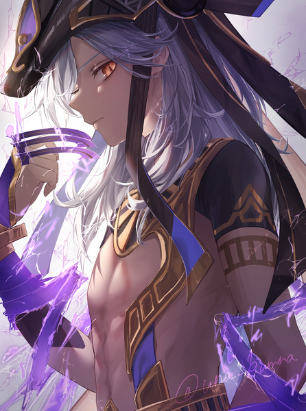 Anime picture 2600x3500 with genshin impact cyno (genshin impact) una kamra single long hair tall image looking at viewer highres red eyes signed silver hair upper body profile twitter username dark skin electricity boy headdress