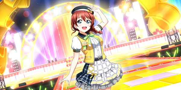 Anime picture 3600x1800 with love live! nijigasaki high school idol club sunrise (studio) love live! emma verde single long hair looking at viewer blush fringe highres open mouth blue eyes smile hair between eyes wide image standing red hair braid (braids) :d arm up