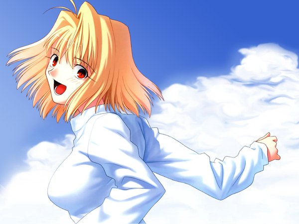 Anime picture 1600x1200 with shingetsutan tsukihime type-moon arcueid brunestud takeuchi takashi single looking at viewer fringe short hair open mouth blonde hair red eyes sky cloud (clouds) ahoge outdoors long sleeves head tilt looking back sunlight girl