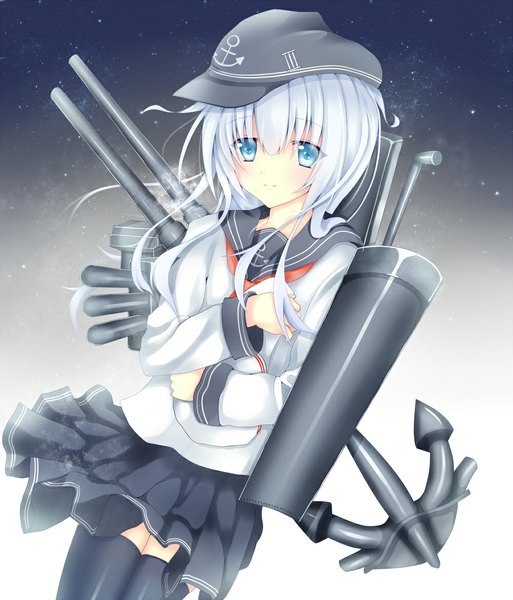 Anime picture 1000x1169 with kantai collection hibiki destroyer h sophia long hair tall image looking at viewer blush blue eyes white hair girl thighhighs weapon black thighhighs sailor suit anchor symbol anchor