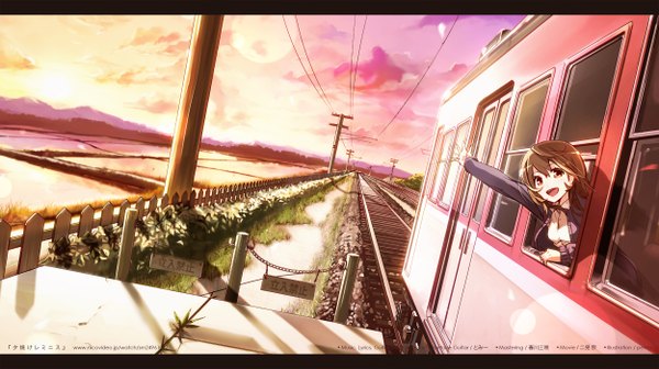 Anime picture 2500x1404 with vocaloid gumi pmpmpm pemu single looking at viewer fringe highres short hair open mouth brown hair wide image brown eyes pink eyes sunlight shadow evening happy reflection sunset