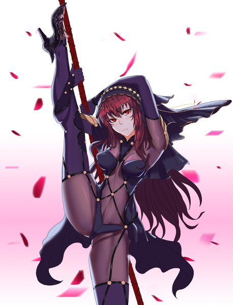 Anime picture 916x1200 with fate (series) fate/grand order scathach (fate) (all) scathach (fate) kurosawamry single long hair tall image light erotic red eyes red hair high heels hand on head leg up leg hold girl thighhighs gloves petals elbow gloves