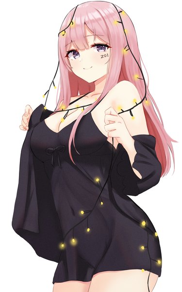 Anime picture 2500x4000 with original kano (wi3028) single long hair tall image looking at viewer blush fringe highres breasts light erotic simple background smile large breasts standing white background purple eyes pink hair cleavage blunt bangs