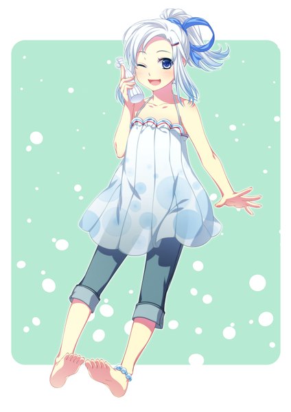 Anime picture 2480x3508 with original mikapoe tall image blush highres short hair open mouth blue eyes white hair one eye closed barefoot wink girl ribbon (ribbons) hair ribbon