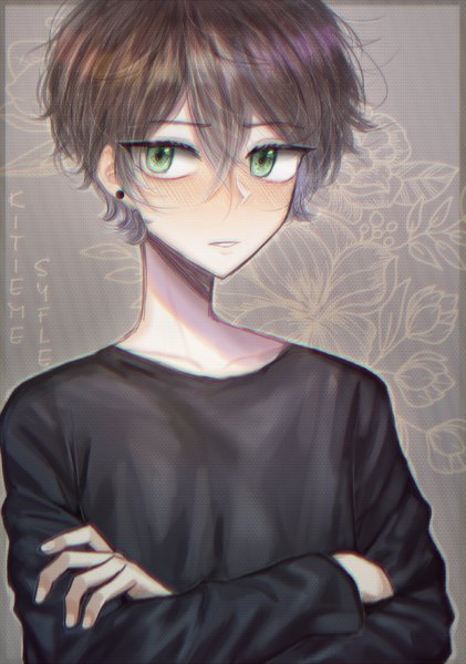Anime picture 1641x2337 with original key mirian kitieme syfle single tall image looking at viewer blush fringe short hair simple background hair between eyes brown hair green eyes signed upper body parted lips light smile crossed arms floral background boy