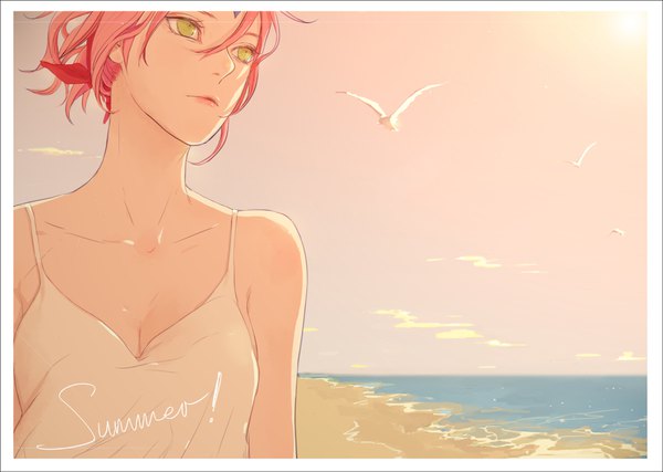 Anime picture 3668x2614 with naruto studio pierrot naruto (series) haruno sakura meanfos single highres short hair yellow eyes looking away pink hair absurdres cleavage upper body lips beach border horizon girl animal