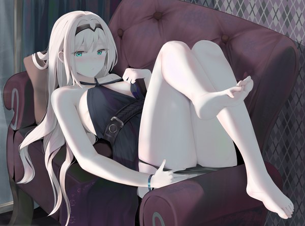 Anime picture 1620x1200 with girls frontline an-94 (girls frontline) ru zhai single long hair looking at viewer blush fringe breasts light erotic blonde hair hair between eyes bare shoulders payot indoors lying barefoot arm up aqua eyes from above
