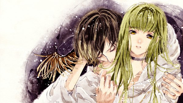 Anime picture 1060x600 with code geass sunrise (studio) c.c. lelouch lamperouge kasahara meimi (artist) long hair fringe short hair black hair wide image yellow eyes green hair couple hug kiss hug from behind girl boy