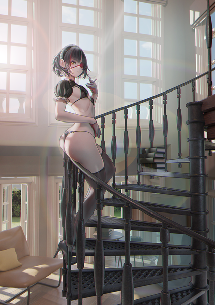 Anime picture 3515x4981 with original nanaken nana single tall image looking at viewer fringe highres short hair breasts light erotic black hair standing holding yellow eyes absurdres full body ass indoors blunt bangs parted lips