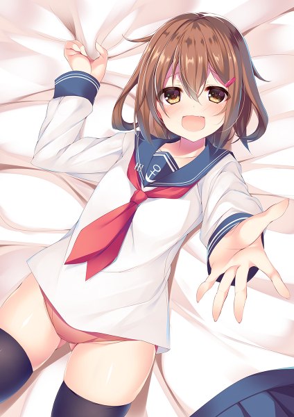Anime picture 848x1200 with kantai collection ikazuchi destroyer gabao. single tall image looking at viewer blush fringe short hair open mouth light erotic brown hair holding brown eyes lying fang (fangs) outstretched hand girl thighhighs uniform