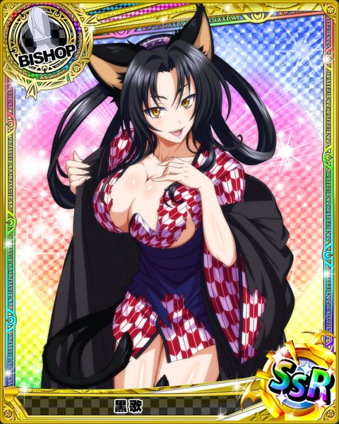Anime picture 640x800 with highschool dxd kuroka (high school dxd) single long hair tall image looking at viewer blush breasts open mouth light erotic black hair large breasts animal ears yellow eyes cleavage tail traditional clothes japanese clothes animal tail cat ears