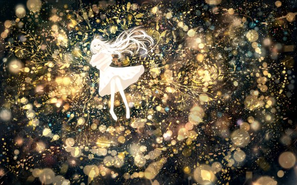 Anime picture 1760x1100 with original bounin single long hair looking at viewer highres wide image brown eyes white hair barefoot light scenic weightlessness multicolored girl dress white dress