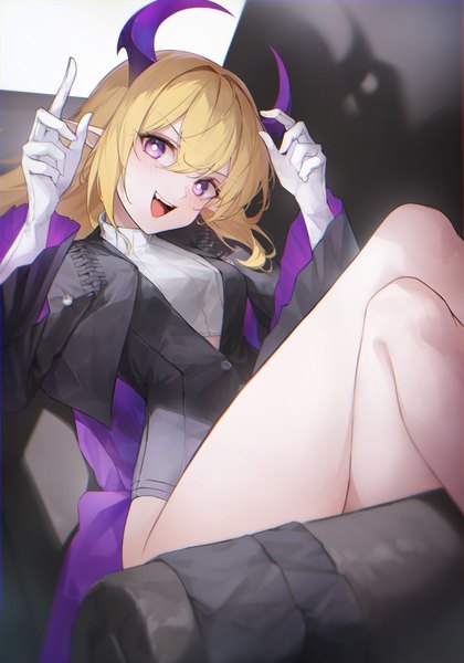 Anime picture 3500x5000 with legendary sword rabbi (legendary sword) crystalherb single long hair tall image looking at viewer blush fringe highres open mouth light erotic blonde hair smile hair between eyes purple eyes absurdres :d horn (horns) pointy ears