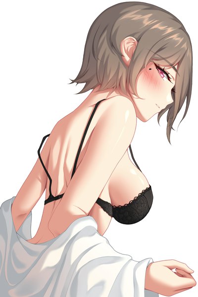 Anime-Bild 1584x2376 mit honkai impact 3rd honkai (series) rita rossweisse ruo zhishi chu jian single tall image blush fringe short hair breasts light erotic simple background brown hair white background bare shoulders upper body parted lips profile pink eyes looking back