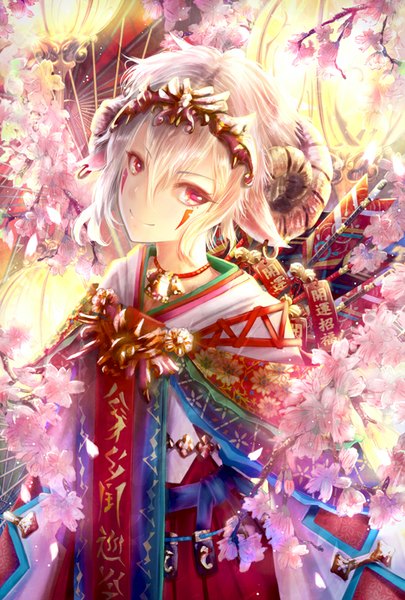 Anime picture 541x800 with original ajigo single tall image looking at viewer short hair smile red eyes animal ears white hair traditional clothes horn (horns) sunlight alternate costume cherry blossoms facial mark girl hair ornament plant (plants) tree (trees)