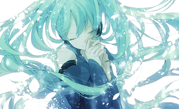 Anime picture 1637x1000 with vocaloid hatsune miku eiku single long hair fringe wide image white background twintails upper body eyes closed head tilt aqua hair hands clasped girl detached sleeves petals headphones