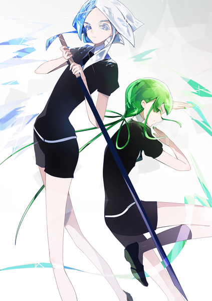 Anime picture 916x1300 with houseki no kuni jade (houseki no kuni) euclase (houseki no kuni) captain yue long hair tall image looking at viewer short hair green eyes payot blue hair silver hair profile multicolored hair green hair two-tone hair sparkle heterochromia androgynous uniform