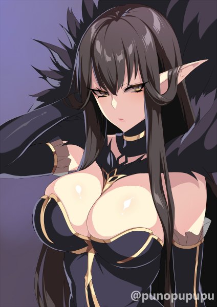 Anime picture 848x1200 with fate (series) fate/apocrypha semiramis (fate) zeroshiki kouichi single long hair tall image fringe breasts light erotic black hair simple background hair between eyes large breasts bare shoulders signed yellow eyes looking away upper body pointy ears