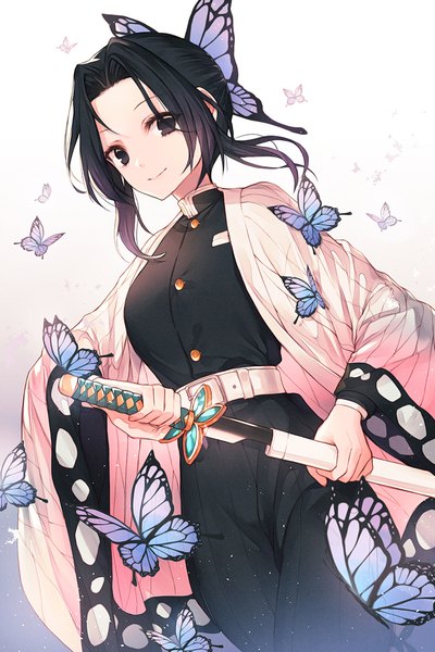 Anime picture 700x1050 with kimetsu no yaiba ufotable kochou shinobu kh (kh 1128) single tall image looking at viewer fringe short hair black hair simple background smile holding traditional clothes japanese clothes light smile gradient background animal print unsheathing no pupils