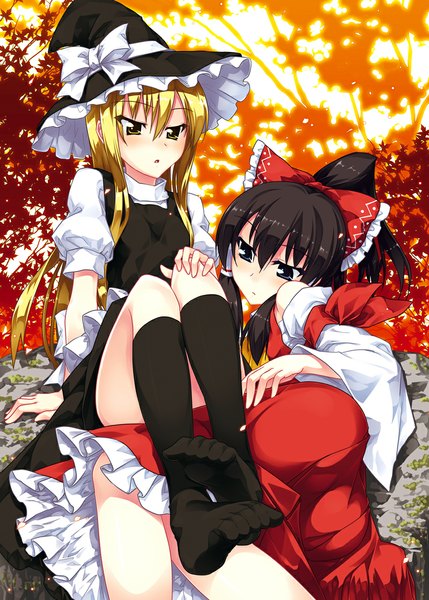 Anime picture 800x1119 with touhou hakurei reimu kirisame marisa sazanami mio long hair tall image blush open mouth blue eyes light erotic black hair blonde hair multiple girls yellow eyes ass ponytail lying arm support shiny skin on side