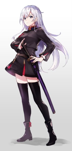 Anime-Bild 1000x2089 mit original arisaka ako single long hair tall image looking at viewer fringe breasts hair between eyes standing holding silver hair full body long sleeves grey background shadow grey eyes high heels zettai ryouiki gradient background