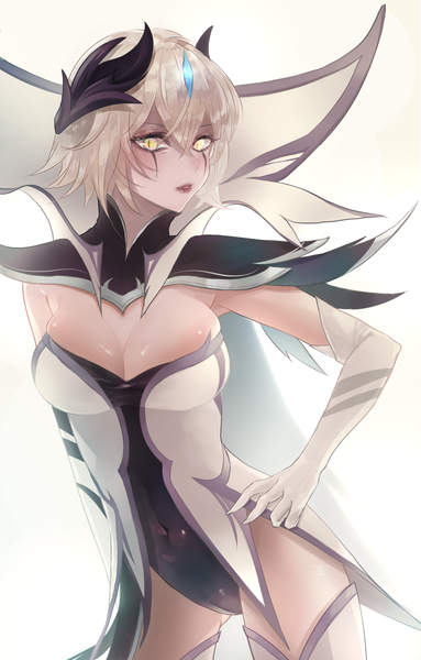 Anime picture 1200x1876 with league of legends ravenborn leblanc suzusa (pixiv id3828164) single tall image looking at viewer fringe short hair breasts light erotic simple background hair between eyes large breasts white background yellow eyes cleavage silver hair parted lips horn (horns) hand on hip