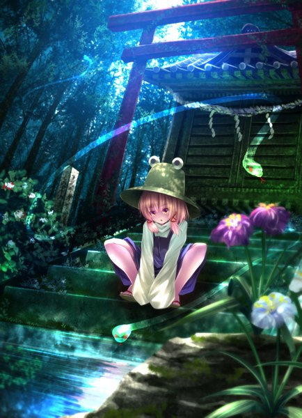 Anime picture 1000x1382 with touhou moriya suwako ryosios single tall image looking at viewer short hair blonde hair traditional clothes :o light eyes hollow girl dress flower (flowers) plant (plants) hat tree (trees) tongue