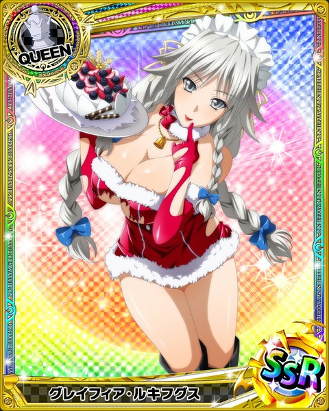 Anime picture 640x800 with highschool dxd grayfia lucifuge single long hair tall image looking at viewer light erotic cleavage braid (braids) grey hair grey eyes fur trim torn clothes christmas card (medium) girl gloves bow hair bow headdress