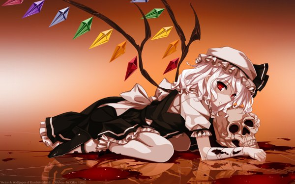 Anime picture 2560x1600 with touhou flandre scarlet misaki kurehito cilou (artist) single looking at viewer fringe highres short hair blonde hair red eyes wide image reflection girl dress bow wings shoes frills blood