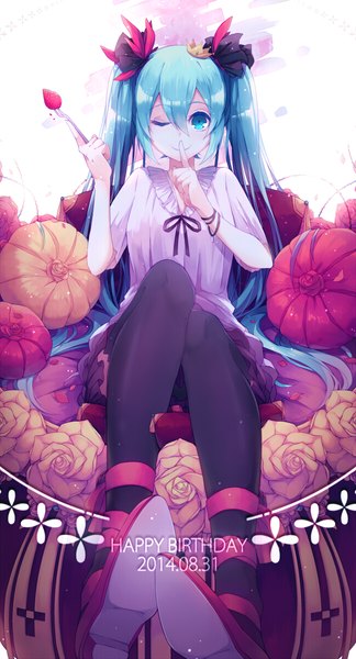 Anime picture 648x1200 with vocaloid world is mine (vocaloid) hatsune miku lyodi (artist) single tall image looking at viewer sitting twintails very long hair aqua eyes aqua hair inscription finger to mouth happy birthday 2014 girl thighhighs skirt hair ornament