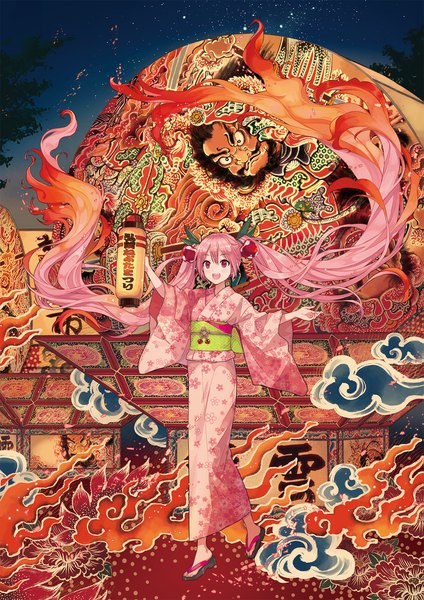 Anime picture 1415x2000 with vocaloid hatsune miku sakura miku ixima single tall image fringe open mouth hair between eyes twintails pink hair full body very long hair traditional clothes :d japanese clothes pink eyes alternate costume floral print festival