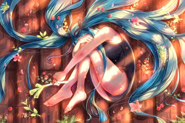 Anime picture 3000x2000 with vocaloid hatsune miku kona (koma-m) single highres light erotic twintails blue hair very long hair bare legs girl flower (flowers) ribbon (ribbons) swimsuit plant (plants) hair ribbon