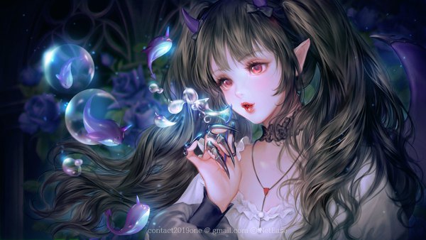 Anime picture 1200x675 with original 'o'ne (ekdlem1) single long hair blush fringe red eyes brown hair wide image twintails holding payot looking away upper body blunt bangs horn (horns) lips pointy ears blurry bubble blowing