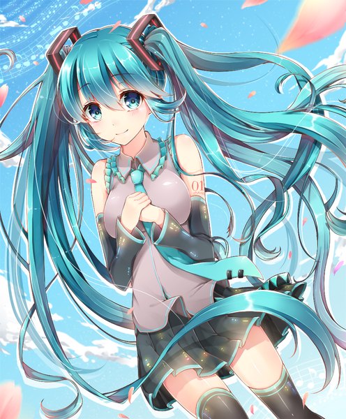 Anime picture 915x1107 with vocaloid hatsune miku navy (navy.blue) single tall image looking at viewer blush smile twintails bare shoulders sky cloud (clouds) very long hair aqua eyes wind aqua hair from below girl thighhighs detached sleeves