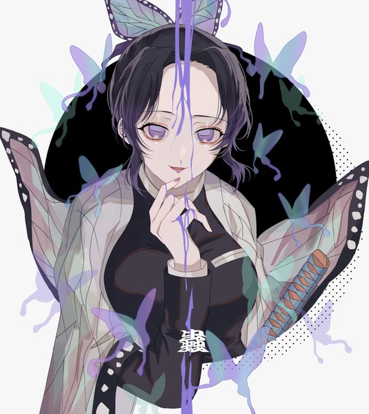 Anime picture 1826x2048 with kimetsu no yaiba ufotable kochou shinobu kill pinky single tall image looking at viewer highres short hair black hair simple background smile white background purple eyes purple hair upper body traditional clothes japanese clothes lipstick hieroglyph