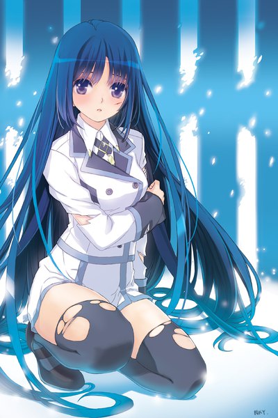 Anime picture 667x1000 with original riki (elseeker) single tall image looking at viewer fringe open mouth purple eyes signed payot blue hair full body bent knee (knees) very long hair :o torn clothes squat holding arm girl thighhighs