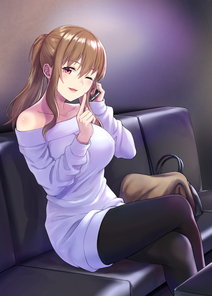 Anime picture 863x1200 with original saemon (tonpura) single long hair tall image looking at viewer blush fringe breasts open mouth smile red eyes brown hair large breasts bare shoulders holding payot bent knee (knees) ponytail long sleeves