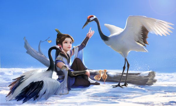 Anime picture 1656x1000 with da congjun single long hair blue eyes black hair wide image sitting lips boy animal bird (birds) clothes crane (bird)