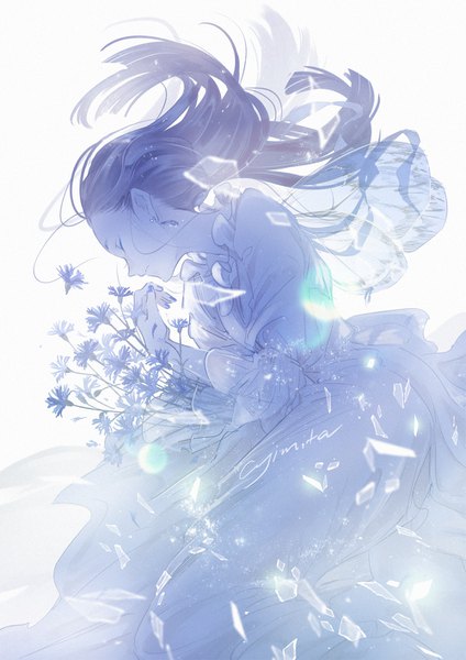 Anime picture 1000x1414 with original ajimita single long hair tall image black hair simple background smile white background signed ahoge eyes closed nail polish profile floating hair lens flare makeup insect wings butterfly wings broken glass
